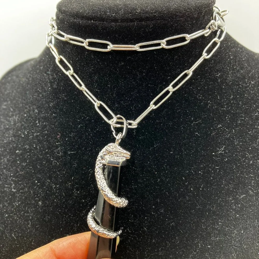 Obsidian Pointed Bullet Pendant snake accent and Stainless Steel Chain